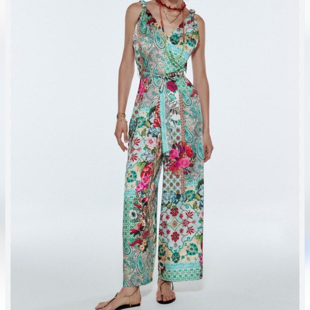 Zara Knotted Strap Patchwork Jumpsuit Size Medium - image 1